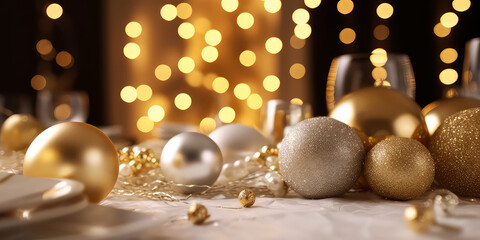 Fototapeta na wymiar Elegant, luxury , Golden Christmas balls or bauble with confetti, decoration, lights, bokeh. Christmas and New year card. Holidays background with copy space. Generative ai.