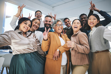 Happy, peace sign and portrait of business people in the office for team building or bonding. Smile, diversity and group of creative designers with manager having fun with goofy gesture in workplace. - Powered by Adobe