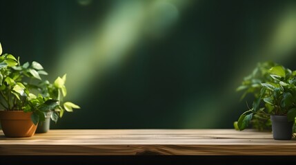 wood table green wall background with sunlight window create leaf shadow on wall with blur indoor green plant foreground.panoramic banner mockup for display of product.eco friendly, AI Generative