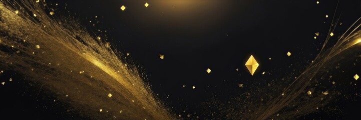 Happy new year celebration banner. Black background with golden particles.