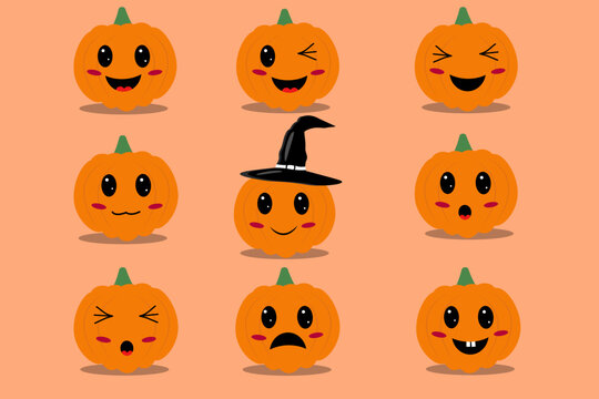 Illustration of different halloween pumnpkin emoji on beige background, happy sad surprised scared emotions.