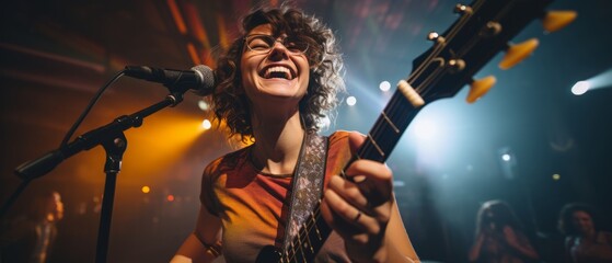 Smiling female musician with glasses. Generative AI