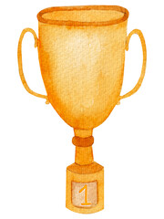 Watercolor illustration, golden cup, prize isolated on white background. For various sport products, school, card etc.