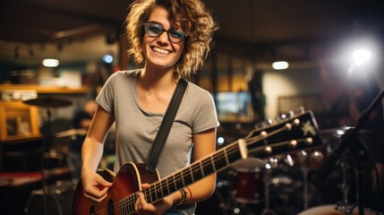 Fototapeta na wymiar Smiling female musician with glasses. Generative AI