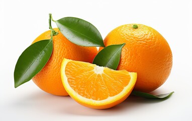 Delicious orange with leaves, isolated on white background