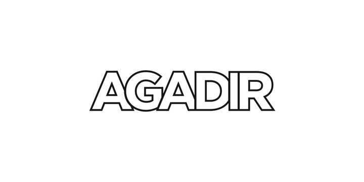 Agadir in the Morocco emblem. The design features a geometric style, vector illustration with bold typography in a modern font. The graphic slogan lettering.