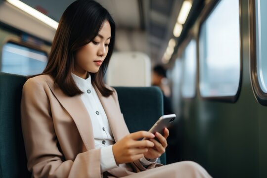 Woman hand holding smartphone in train or city background. technology communication concept.