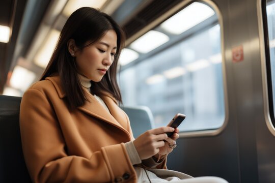 Woman hand holding smartphone in train or city background. technology communication concept.