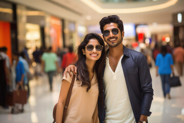 Young indian couple walking together at shopping mall.