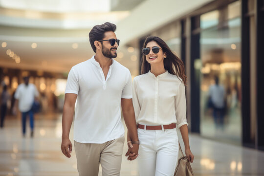 Young Indian Couple Walking Together At Shopping Mall.