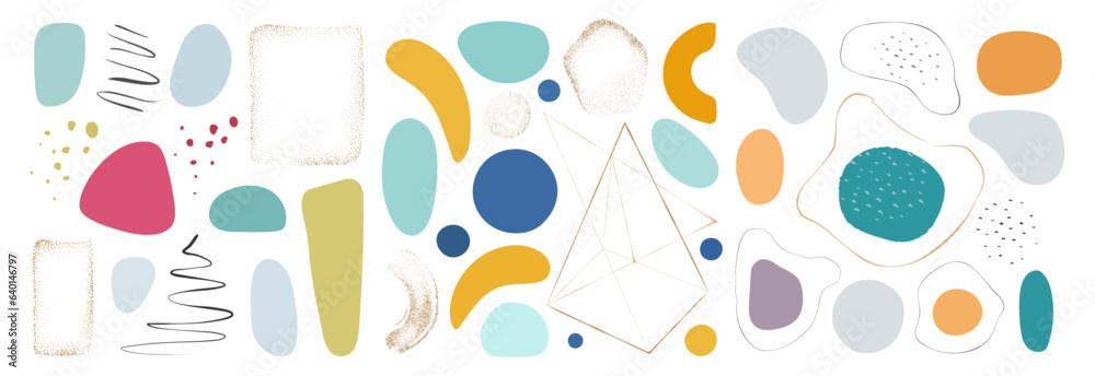 Aufkleber fluid brushes and stains, blob liquid shapes, smears and geometric line frames with glitter dots. ca