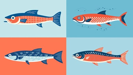 Set of 4 fish. Cards, banner, mock up, cover, product design. Retro - minimalist illustration. AI generative. 
