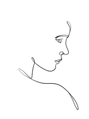 A portrait of a woman is drawn in a one line style. Facial expression. Printable wall art.