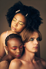 Obraz premium Diversity, beauty and skin, makeup and people, dermatology and inclusion isolated on studio background. Gen z, young women and man with face, equality and cosmetics with skincare and wellness