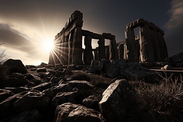 Explore the ancient ruins with a black and white shot, using dramatic lighting and a timeless style of photograph to capture the history and mystery of the past