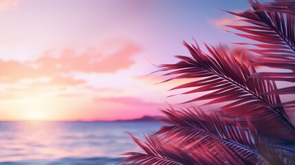 Close up of palm leaves with sunset sea in soft tones. Beautiful nature background. - obrazy, fototapety, plakaty