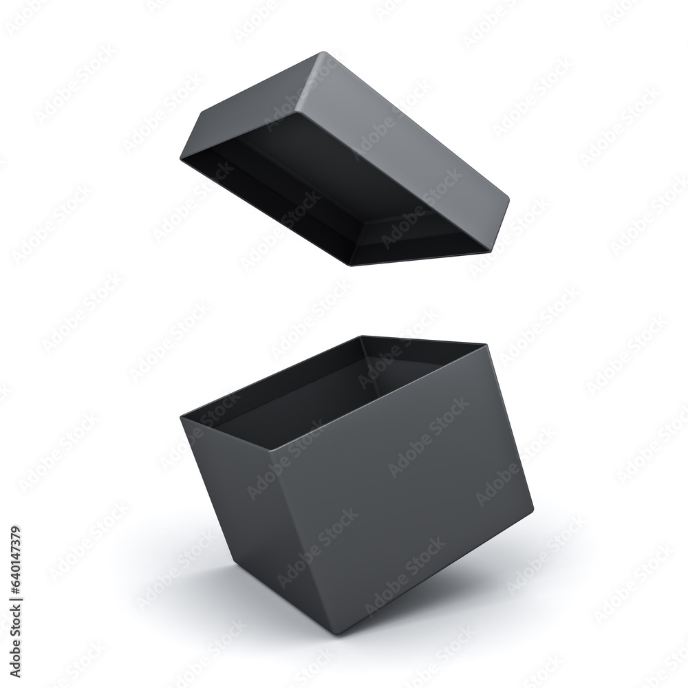 Poster Blank open black box or opened empty black gift box isolated on white background with shadow minimal black friday sale concept 3D rendering
