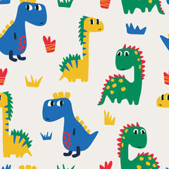 Childish repeating pattern with dinosaurs in Scandinavian style. Childish seamless pattern with hand-drawn dinosaurs.