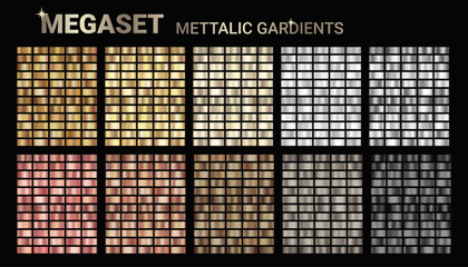 Silver metal gradients vector set. Gold, bronze metallic gradients. Collection of golden, chrome metal color palette swatches for background, certificate, ribbon etc. Vector color gradations EPS10 - obrazy, fototapety, plakaty