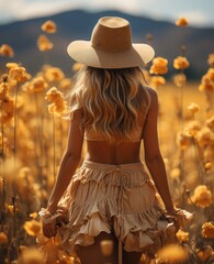 A girl with a big straw hat stands in a bunch