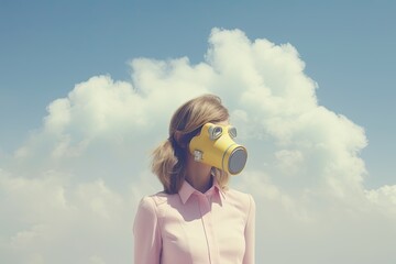 A girl in a respirator showing the deterioration in the quality of the air we breathe, smoke and pollution - obrazy, fototapety, plakaty