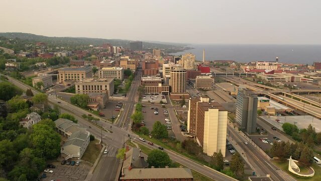 Aerial view of city of Duluth, Minnesota. Sunset sky, summertime