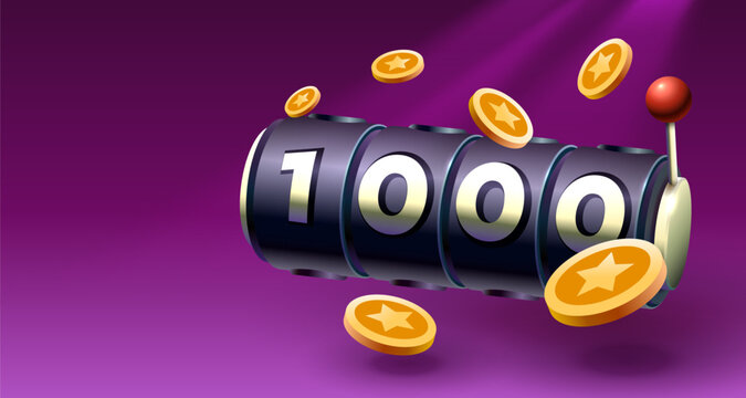 Slots free spins 1000, promo flyer poster, banner game play. Vector illustration