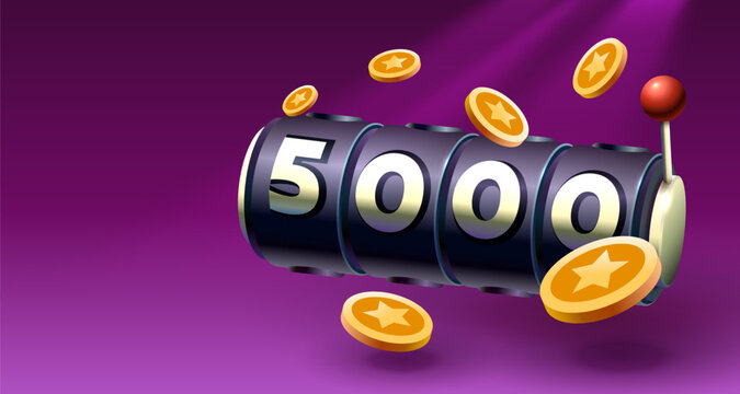 Slots free spins 5000, promo flyer poster, banner game play. Vector illustration