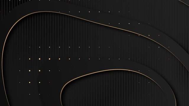 Abstract luxury background with golden organic shapes on black background. Gold striped pattern. Shine glitter design. Premium minimal animated banner. Modern seamless looped animation. Dark royal BG
