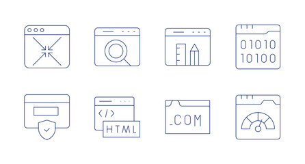 Website icons. Editable stroke. Containing size, window, pencil, binary code, firewall, html, domain, web.
