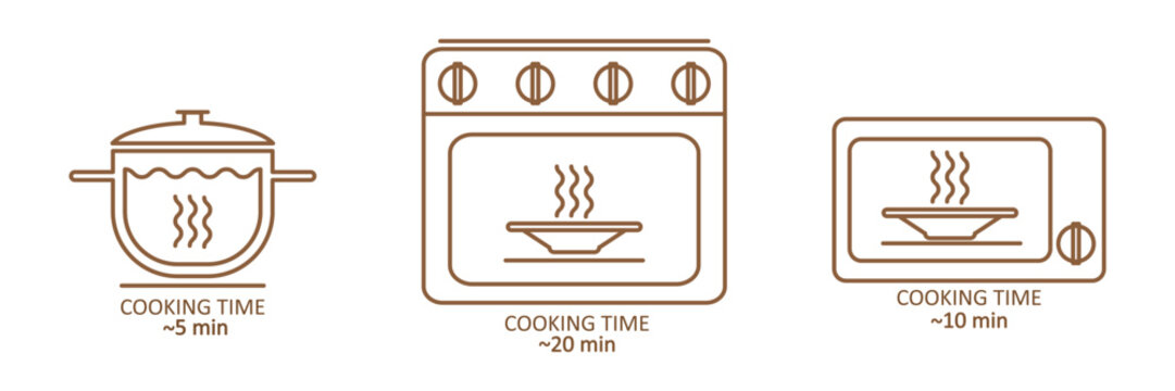 Cooking type and cooking time icon. The cooking time for food in a saucepan, microwave and oven. Instructions for packaging food products. Isolated vector elements.