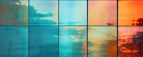 Abstract backdrop in teal and orange.  Wide panoramic banner. AI generated digital design. 