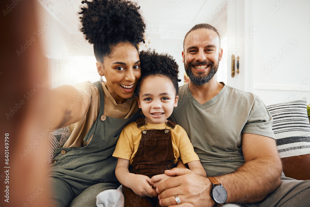 Wall mural Family, selfie or happy on sofa and relax at home on social media, streaming or memory portrait. Smile, photography or love, care and trust for man, woman and interracial kid in lounge for bonding