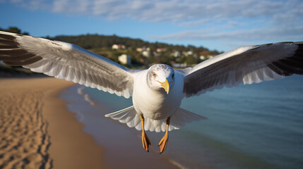 a carefree seagull gliding on the sea breeze, its outstretched wings capturing the essence of coastal freedom. 