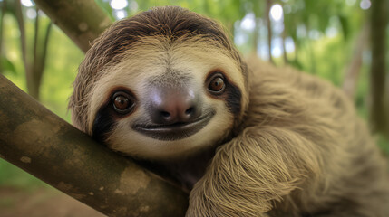 Fototapeta premium a contented sloth leisurely hanging from a tree branch, its slow movements echoing the tranquil pace of its rainforest habitat. 