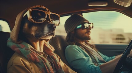 A dog with glasses traveling in a car with his friend the owner.