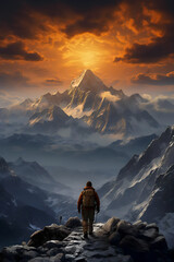 Hiker in the mountains at sunset