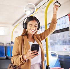Bus, woman and phone headphones with public transport, social media scroll and smile with commute....