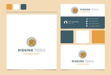 Digging tool logo design with editable slogan. Branding book and business card template.