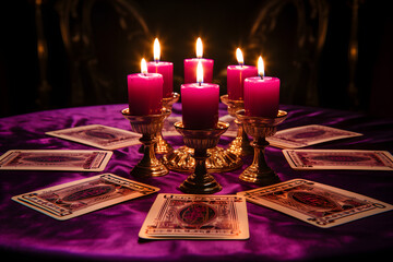 Tarot cards spread on a table around 6 central candles in purple tones. 