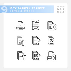 Pixel perfect black icons representing document, editable thin line illustration set.