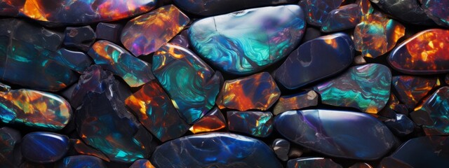 Abstract texture of colorful polished opal crystal stones, mineral gemstone background, top view