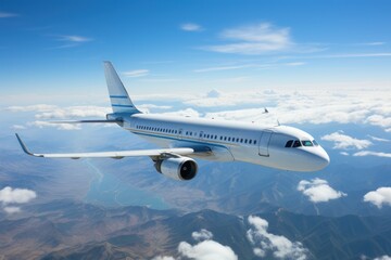 Obraz premium Passenger jet airplane flying above clouds. Generative AI.