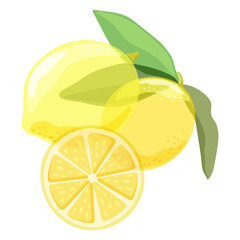 Yellow lemons with leaves and a half of a lemon with different transparency on a white background. Design element for fabric, wallpaper, wrapping paper, textile, decoration