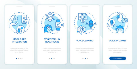 2D icons representing voice assistant mobile app screen set. Walkthrough 4 steps blue graphic instructions with thin line icons concept, UI, UX, GUI template.
