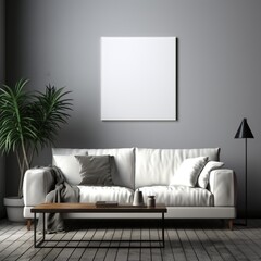 Blank picture frame mockup with luxury sofa on living room. Generative AI