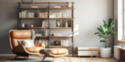 Blurred interior of a modern bright living room with bookshelves on the wall. Generative AI