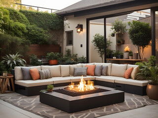 outdoor patio arrangement with table, chair and fire place, the most comfortable gathering place with plant decorations - obrazy, fototapety, plakaty
