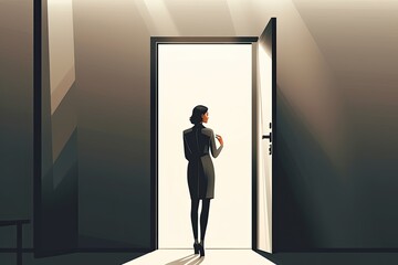 Fototapeta premium lonely girl stands in front of an open door on a gray wall illustration