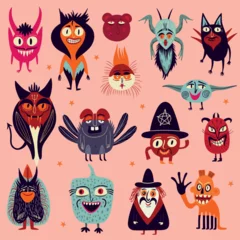 Fotobehang Vibrant bright Strange ugly Halloween characters. Cute bizarre comic characters in modern flat hand drawn childish style © Tatyana Olina